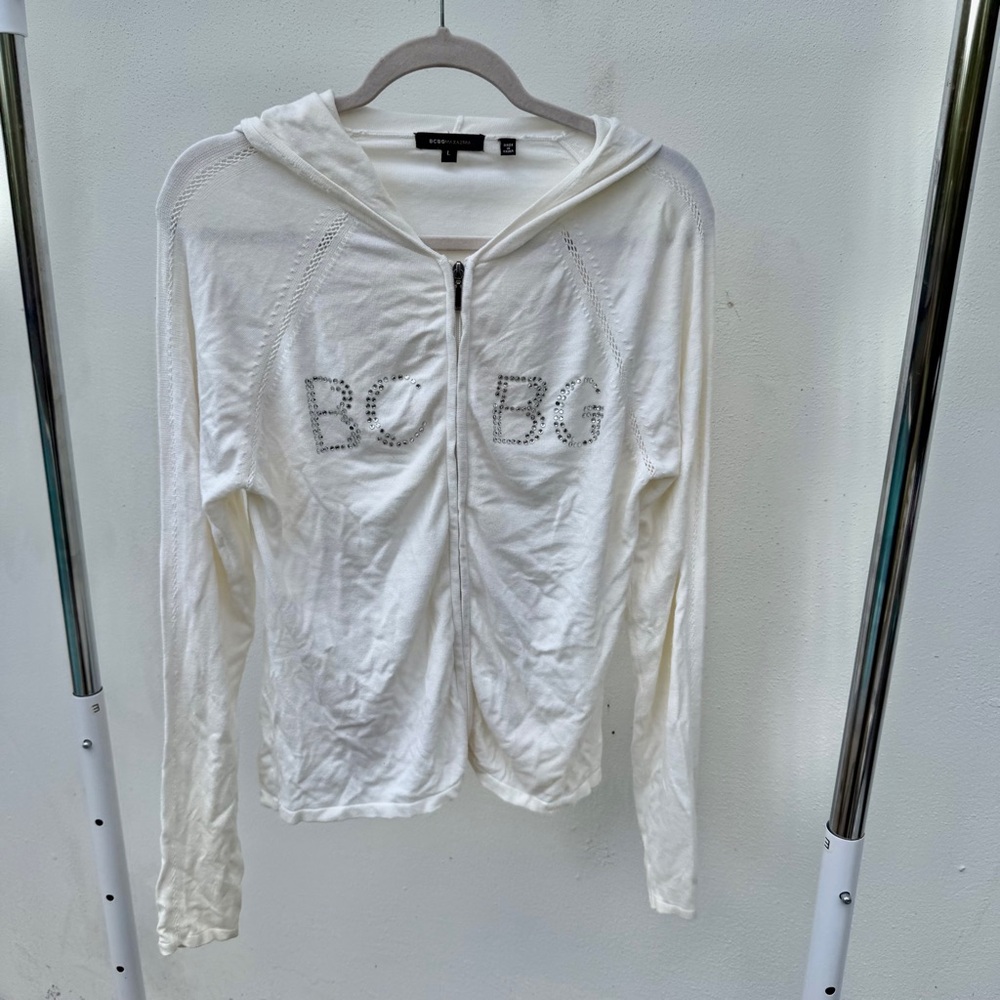 Y2K BCBG Ivory White Laser Cut Rhinestone Hoodie Jacket Size Large